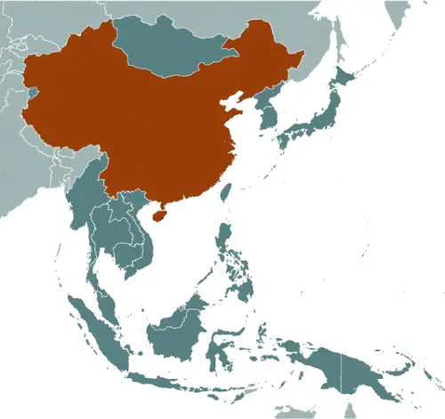 This image shows the location of China, Asia. For more geographical details of China, please see this page below.