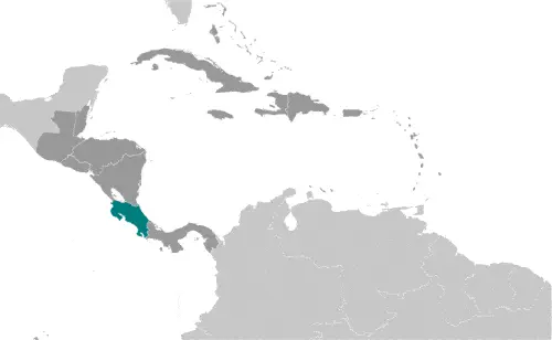 This image shows the location of Costa Rica, Central America, and the Caribbean. For more geographical details of Costa Rica, please see this page below.