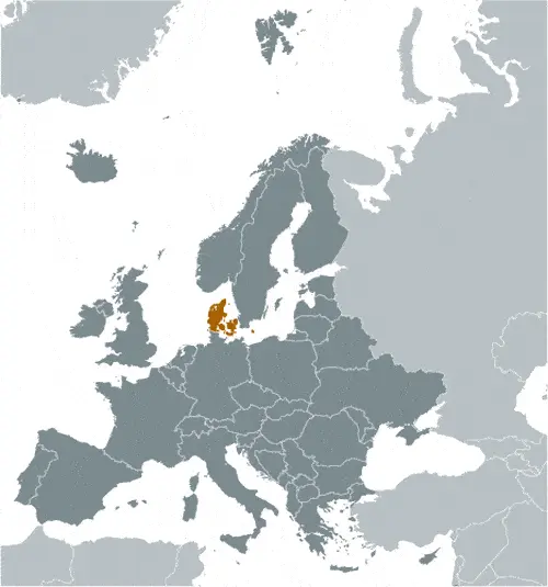 This image shows the location of Denmark, Europe. For more geographical details of Denmark, please see this page below.