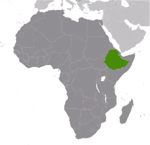 This image shows the location of Ethiopia, Africa. For more geographical details of Ethiopia, please see this page below.