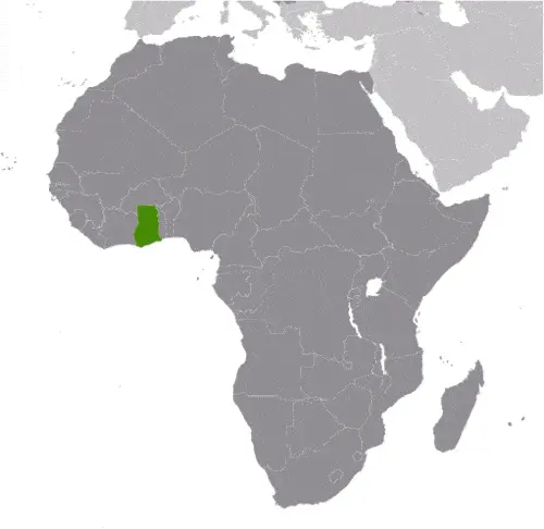 This image shows the location of Ghana, Africa. For more geographical details of Ghana, please see this page below.