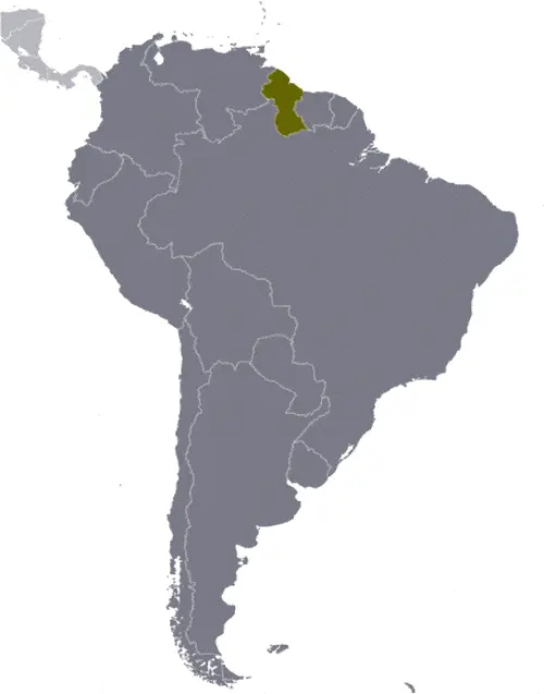This image shows the location of Guyana, South America. For more geographical details of Guyana, please see this page below.