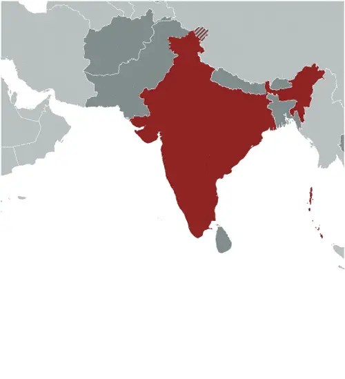 This image shows the location of India, Asia. For more geographical details of India, please see this page below.