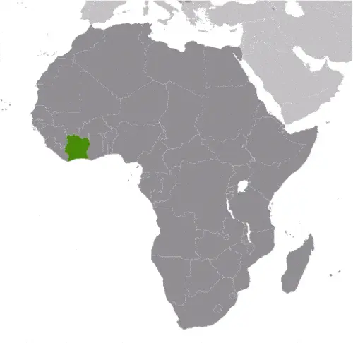 This image shows the location of Cote d'Ivoire, Africa. For more geographical details of Cote d'Ivoire, please see this page below.