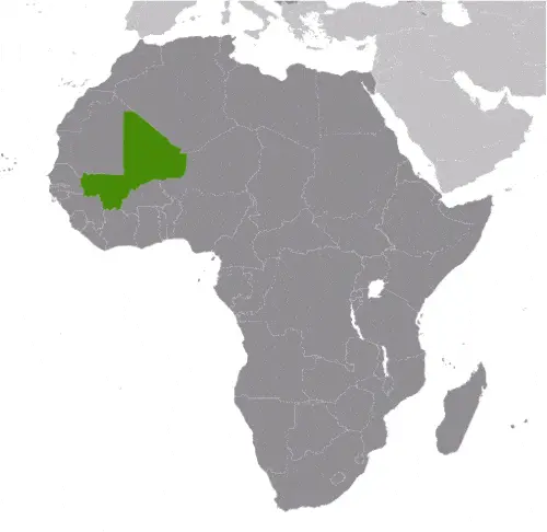 This image shows the location of Mali, Africa. For more geographical details of Mali, please see this page below.