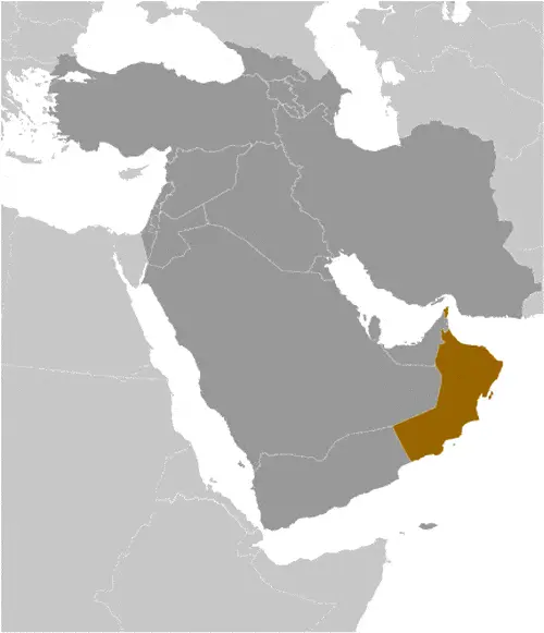 This image shows the location of Oman, Middle East. For more geographical details of Oman, please see this page below.