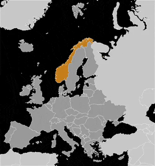 This image shows the location of Norway, Europe. For more geographical details of Norway, please see this page below.