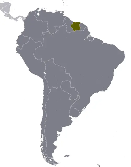 This image shows the location of Suriname, South America. For more geographical details of Suriname, please see this page below.