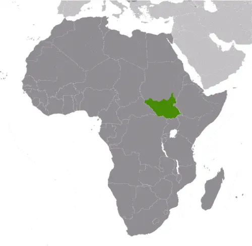 This image shows the location of South Sudan, Africa. For more geographical details of South Sudan, please see this page below.