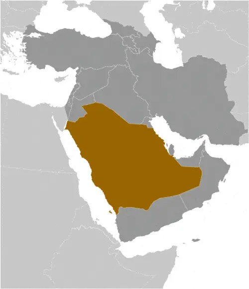 This image shows the location of Saudi Arabia, Middle East. For more geographical details of Saudi Arabia, please see this page below.