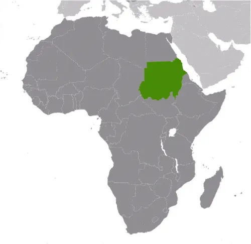 This image shows the location of Sudan, Africa. For more geographical details of Sudan, please see this page below.