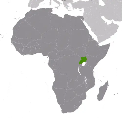 This image shows the location of Uganda, Africa. For more geographical details of Uganda, please see this page below.