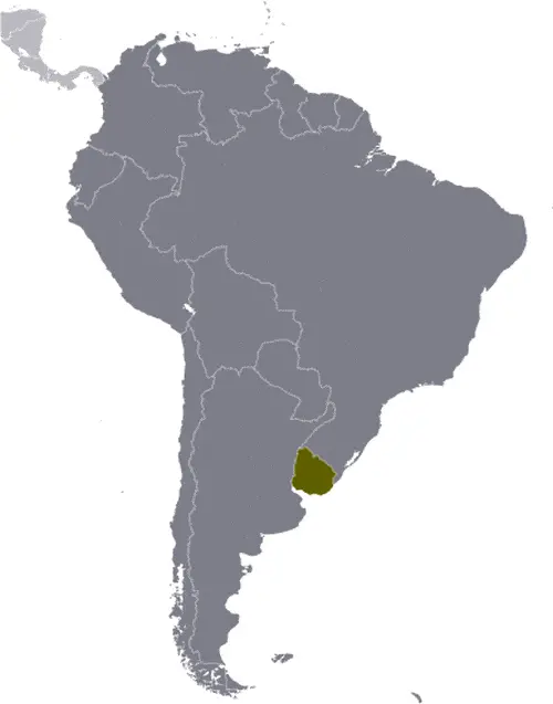 This image shows the location of Uruguay, South America. For more geographical details of Uruguay, please see this page below.