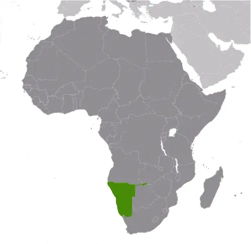 This image shows the location of Namibia, Africa. For more geographical details of Namibia, please see this page below.