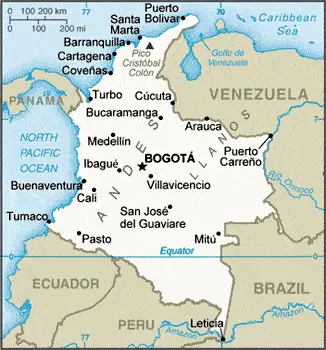 This image shows the draft map of Colombia, South America. For more details of the map of Colombia, please see this page below.