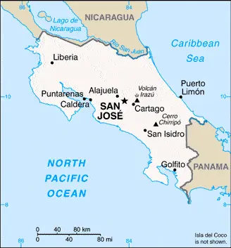 This image shows the draft map of Costa Rica, Central America, and the Caribbean. For more details of the map of Costa Rica, please see this page below.