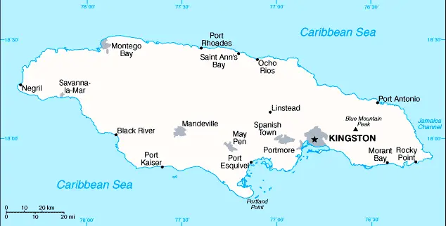 This image shows the draft map of Jamaica, Central America, and the Caribbean. For more details of the map of Jamaica, please see this page below.