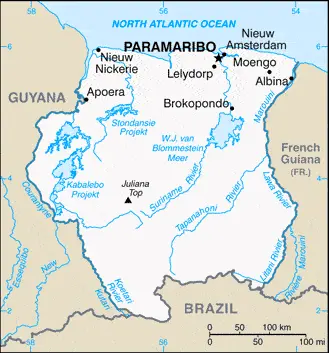 This image shows the draft map of Suriname, South America. For more details of the map of Suriname, please see this page below.