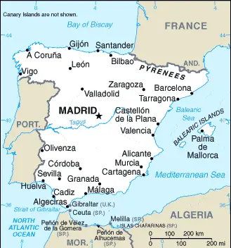This image shows the draft map of Spain, Europe. For more details of the map of Spain, please see this page below.