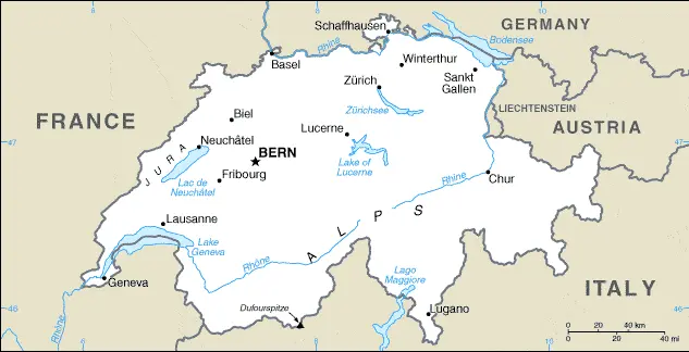This image shows the draft map of Switzerland, Europe. For more details of the map of Switzerland, please see this page below.